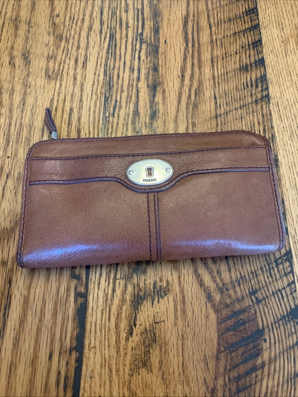 Vintage Fossil Maddox Leather Wallet Long Card Holders Tan Side Zip